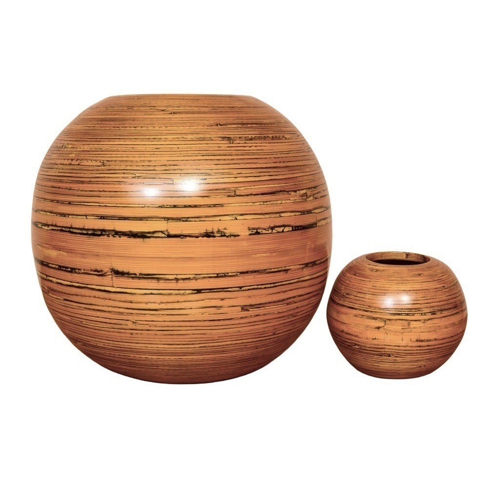 Vintage Bamboo Wood Vase Set, Handcrafted Decorative Orb Vase, MCM - Picture 2 of 8